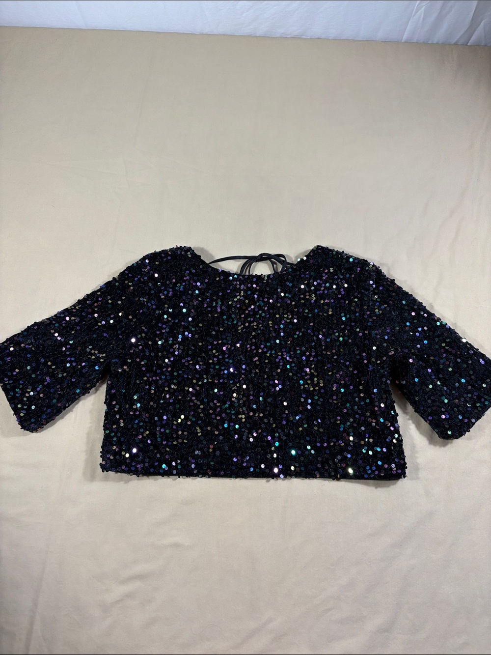 Showpo Women's Iridescent Black Sequin Open Back Tie Crop Top Size US 2 NWT
